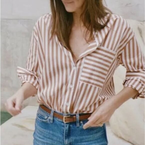 AYR Tops - AYR The Deep End Shirt Orange Striped Size S Minimalist Capsule Preppy Work